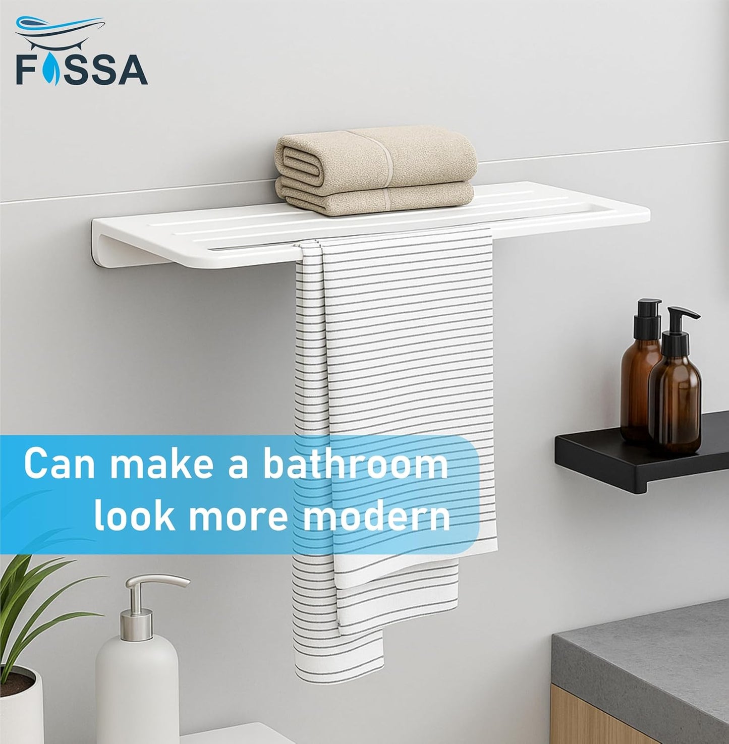 Fossa Space-Saving Wall Mounted Towel Shelf β Foldable Chrome Towel, Durable Bathroom Accessories, Rust Resistant & Stylish Bathroom Fittings | White (Quartz Ceramic)