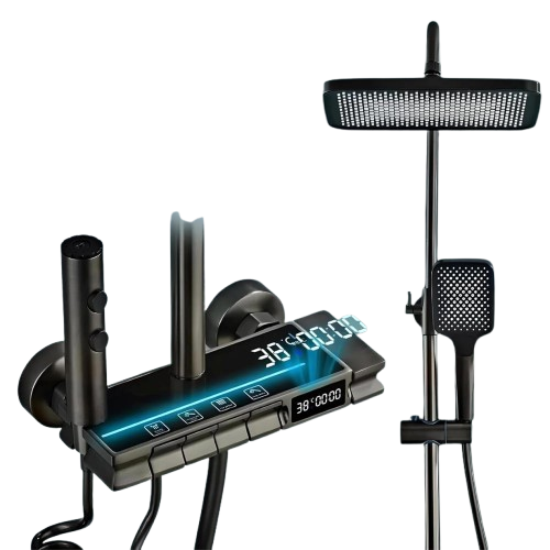 Fossa Brass Thermostatic LED Shower Panel Full Set Temperature Display Shower Set 4 Function, Mixer Shower System, Hand shower, Overhead Shower, Jet Spray For Bathroom Shower Set (Black)