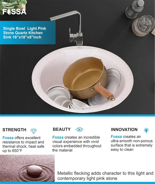 Quartz (18x18x08) Inch Single Bowl Kitchen Sink Pink – Strong, Scratch-Resistant