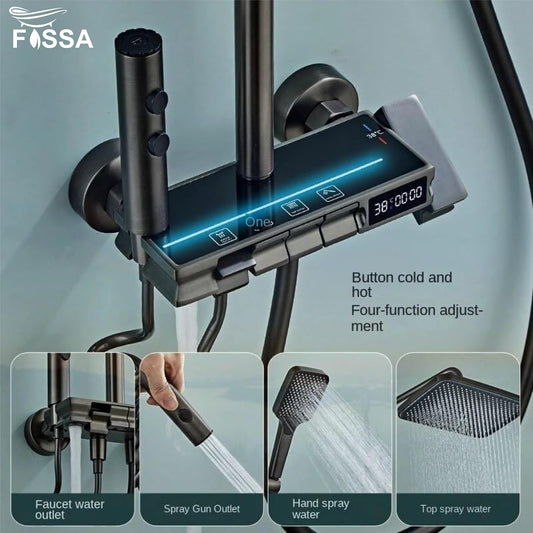 Fossa Brass Thermostatic LED Shower Panel Full Set Temperature Display Shower Set 4 Function, Mixer Shower System, Hand shower, Overhead Shower, Jet Spray For Bathroom Shower Set (Black)