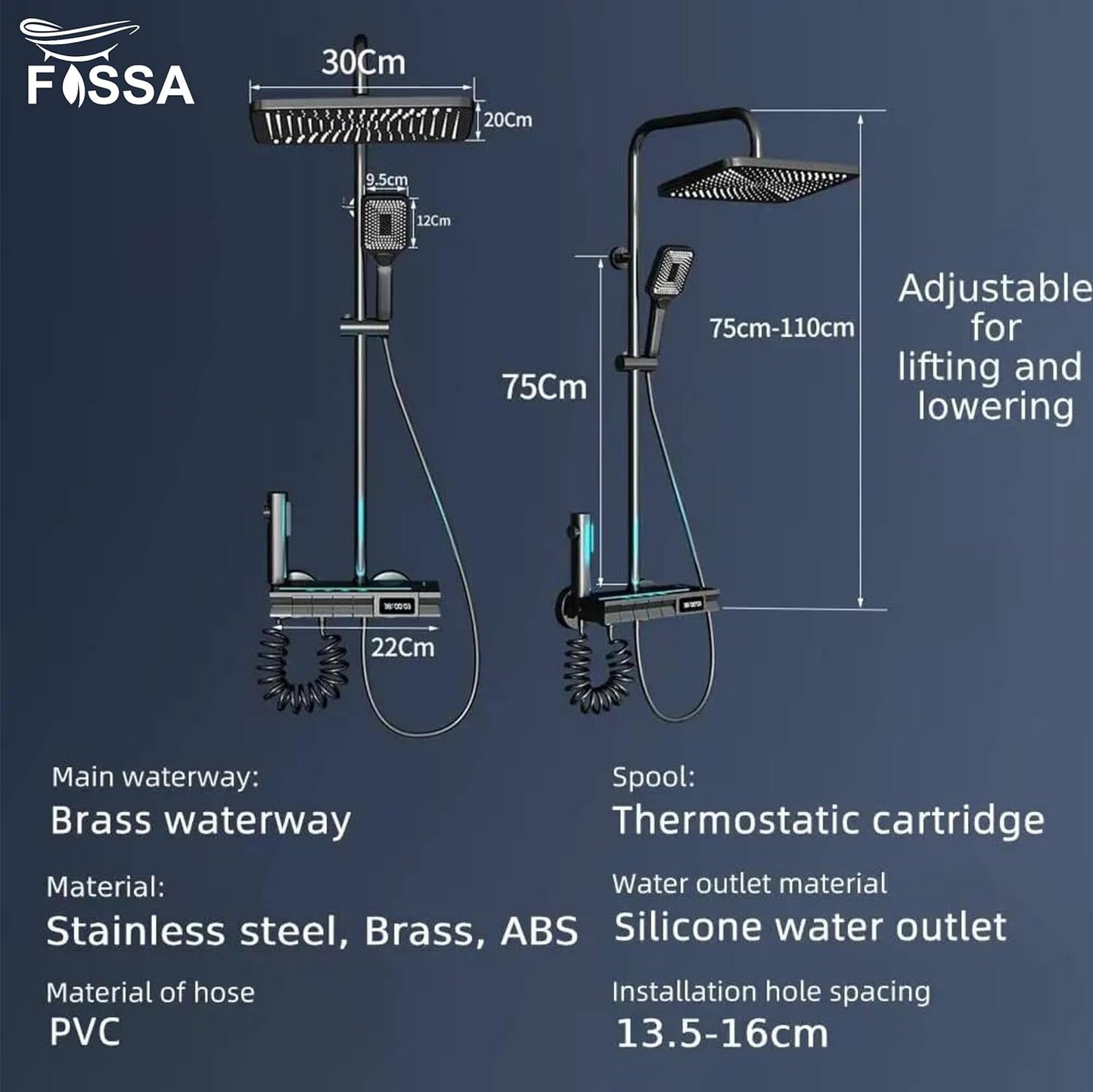 Fossa Brass Thermostatic LED Shower Panel Full Set Temperature Display Shower Set 4 Function, Mixer Shower System, Hand shower, Overhead Shower, Jet Spray For Bathroom Shower Set (Black)