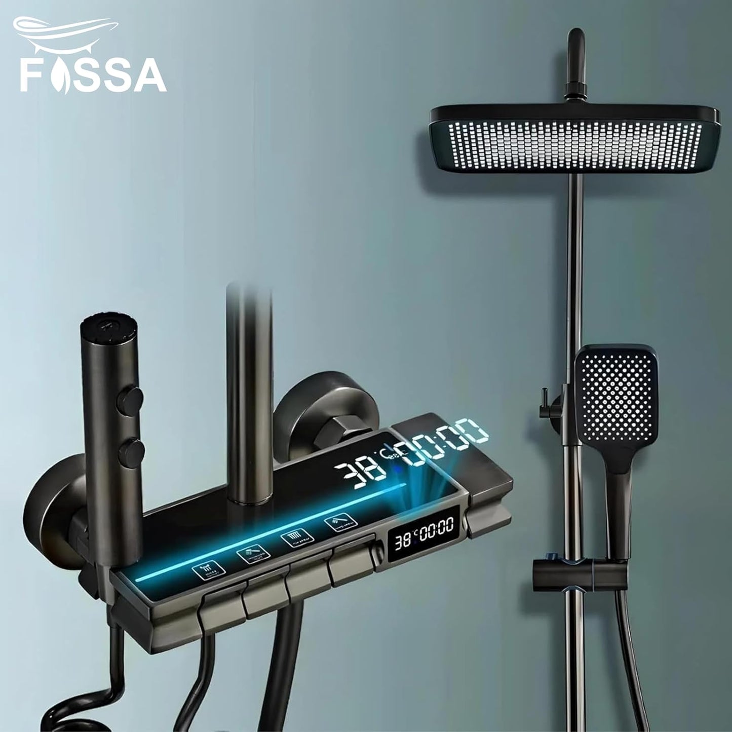 Fossa Brass Thermostatic LED Shower Panel Full Set Temperature Display Shower Set 4 Function, Mixer Shower System, Hand shower, Overhead Shower, Jet Spray For Bathroom Shower Set (Black)