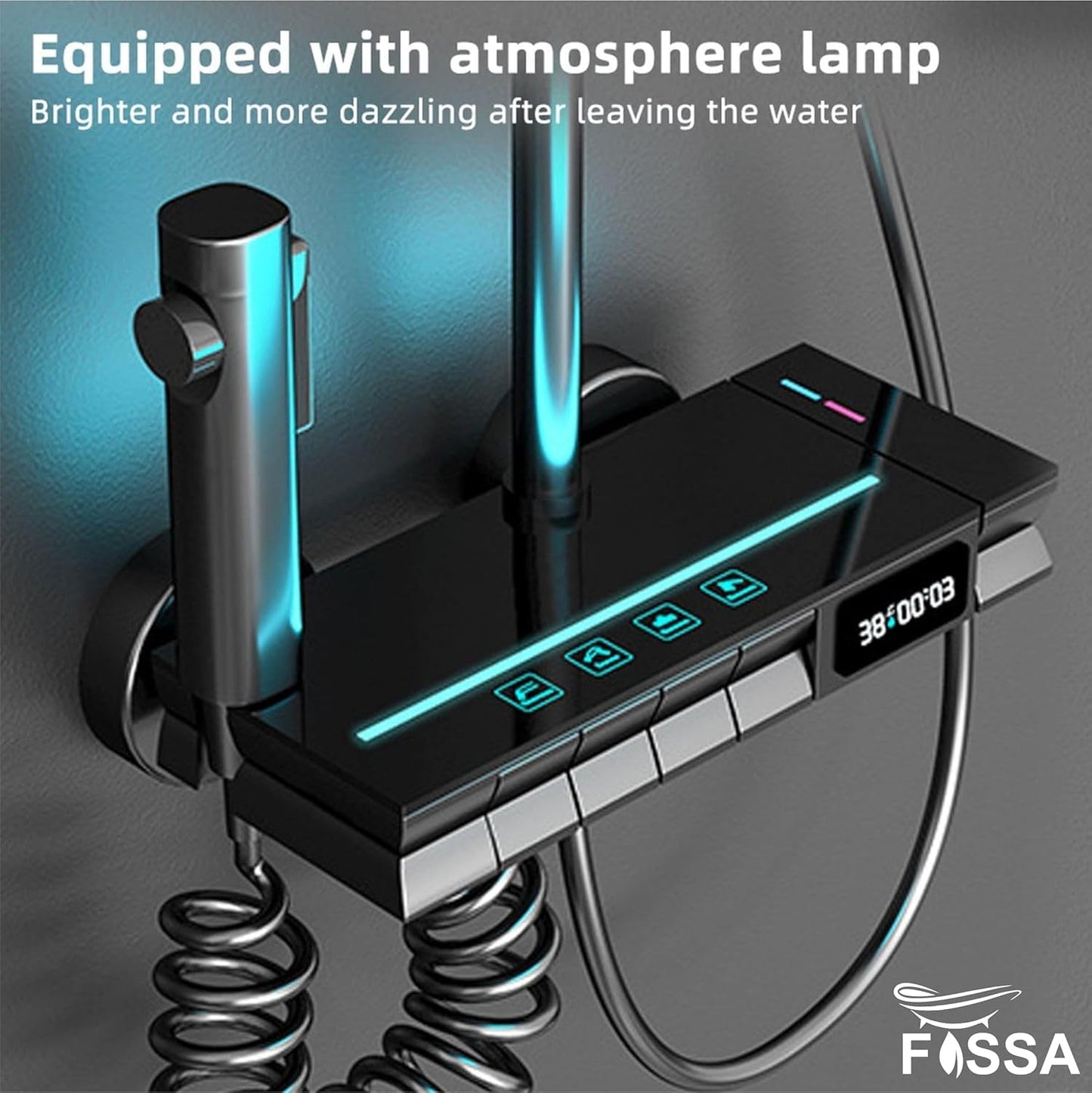 Fossa Brass Thermostatic LED Shower Panel Full Set Temperature Display Shower Set 4 Function, Mixer Shower System, Hand shower, Overhead Shower, Jet Spray For Bathroom Shower Set (Black)